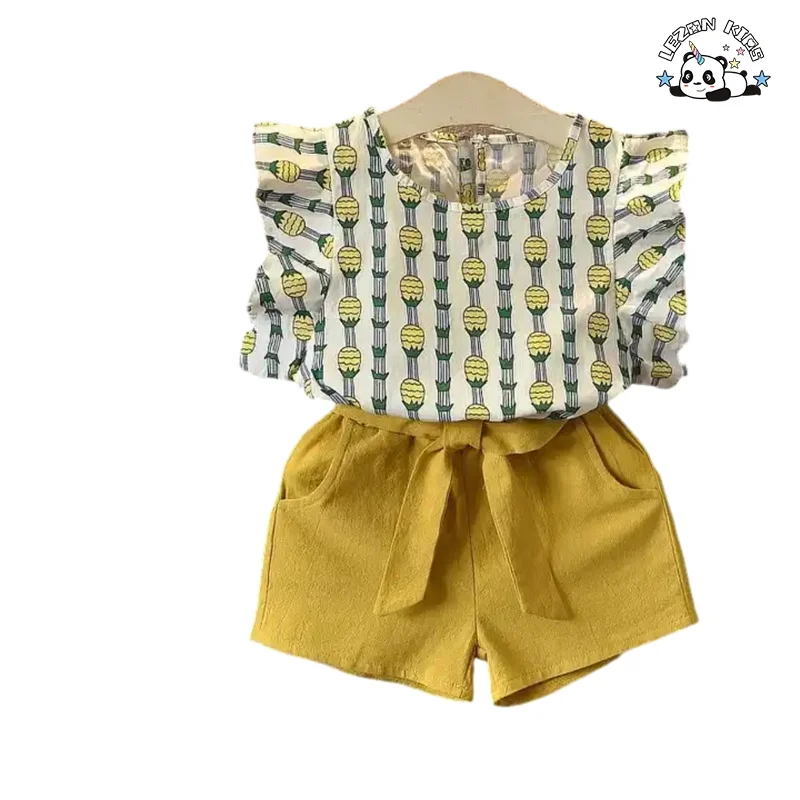 LEZONKIDS - Roupas infantis personalizáveis de atacado, traje de crianças sem mangas com estampa de abacaxi, roupas de bebê meninas